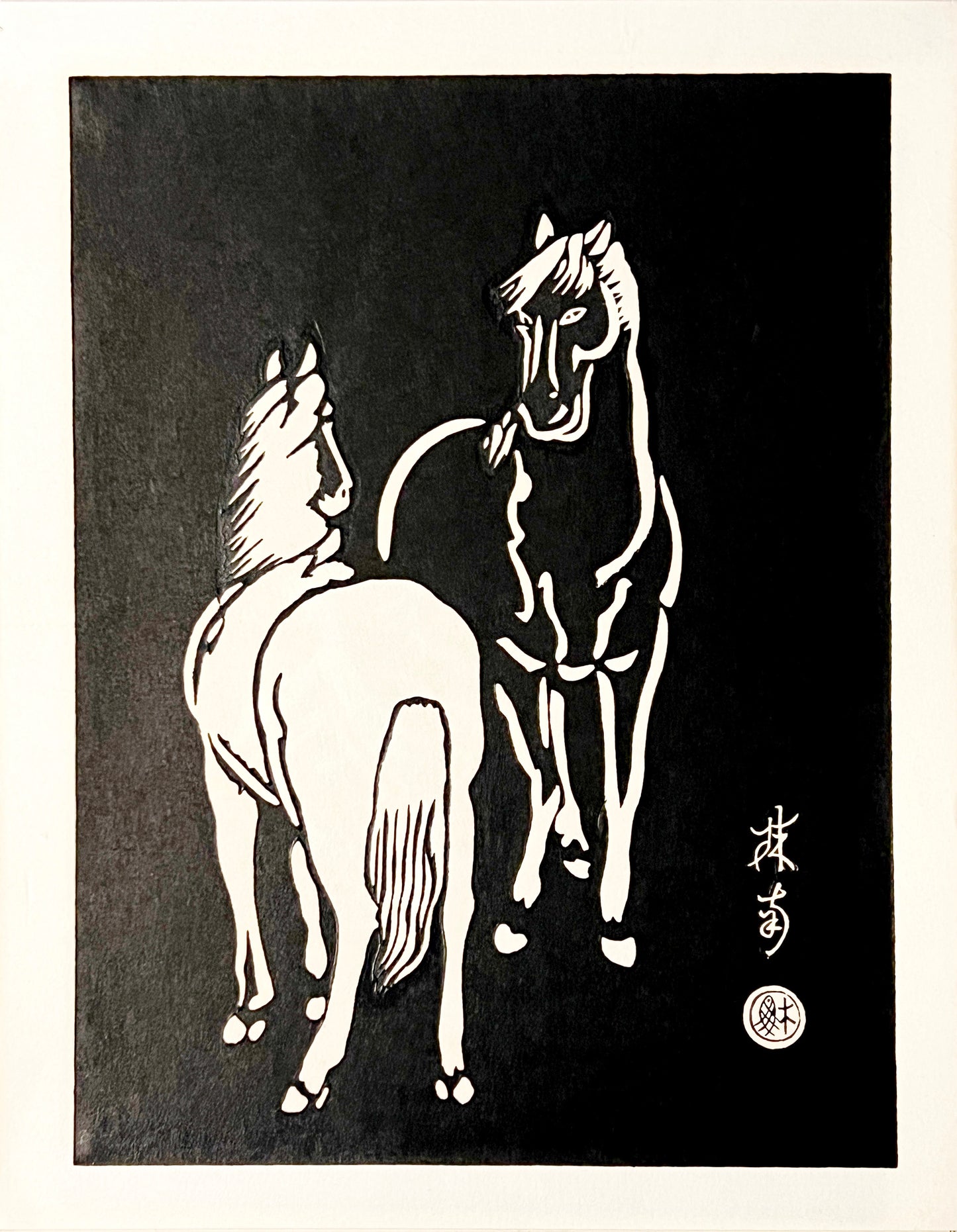 PFA10 "Mare and Stallion" from 'Horses, White on Black' Wood Block set of 6