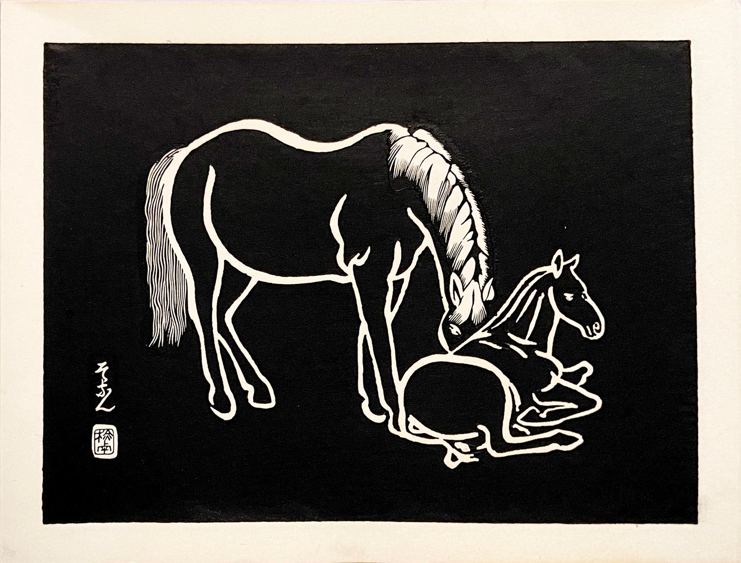 PFA10 "Mother and Foal" from 'Horses, White on Black' Wood Block set of 6