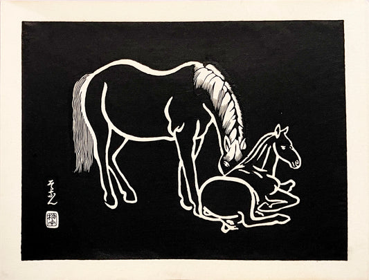 PFA10 "Mother and Foal" from 'Horses, White on Black' Wood Block set of 6