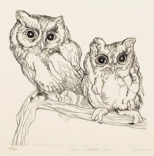 PFA11 "Two Screech Owls" etching by Christine McGinnis, Printed by David Lynch ca. 1968