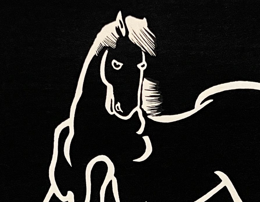 PFA10 "Lively Horse" from 'Horses, White on Black' Wood Block Print set of 6, 1952