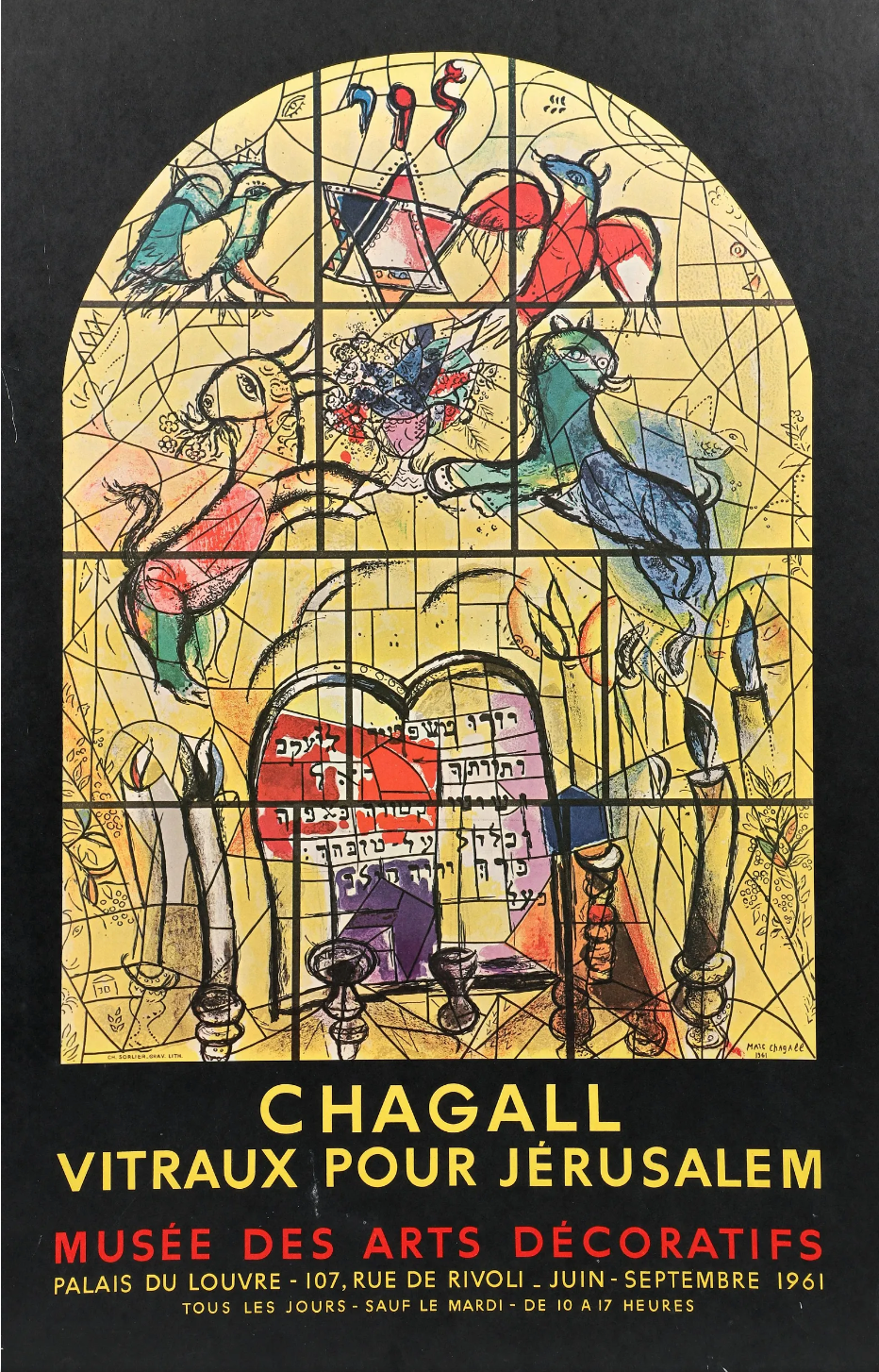 P10 - Art Exhibit Poster, Marc Chagall "Vitraux Pour Jerusalem" Lithograph, Musee des Arts Decoratifs, 1961